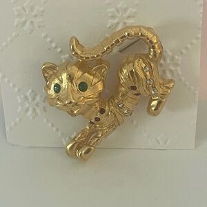 Gold tone C A T  Brooch with Gem Accents